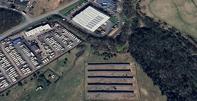 Aerial view of the 750-module ground-mounted solar array at Tanfield Business Centre for Durham County Council