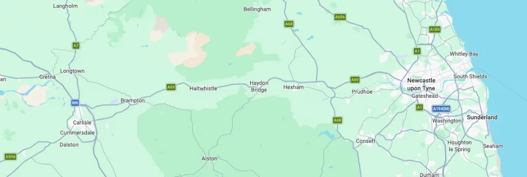 Map of North East England with Hexham marked, showing Green Team Partnership headquarters