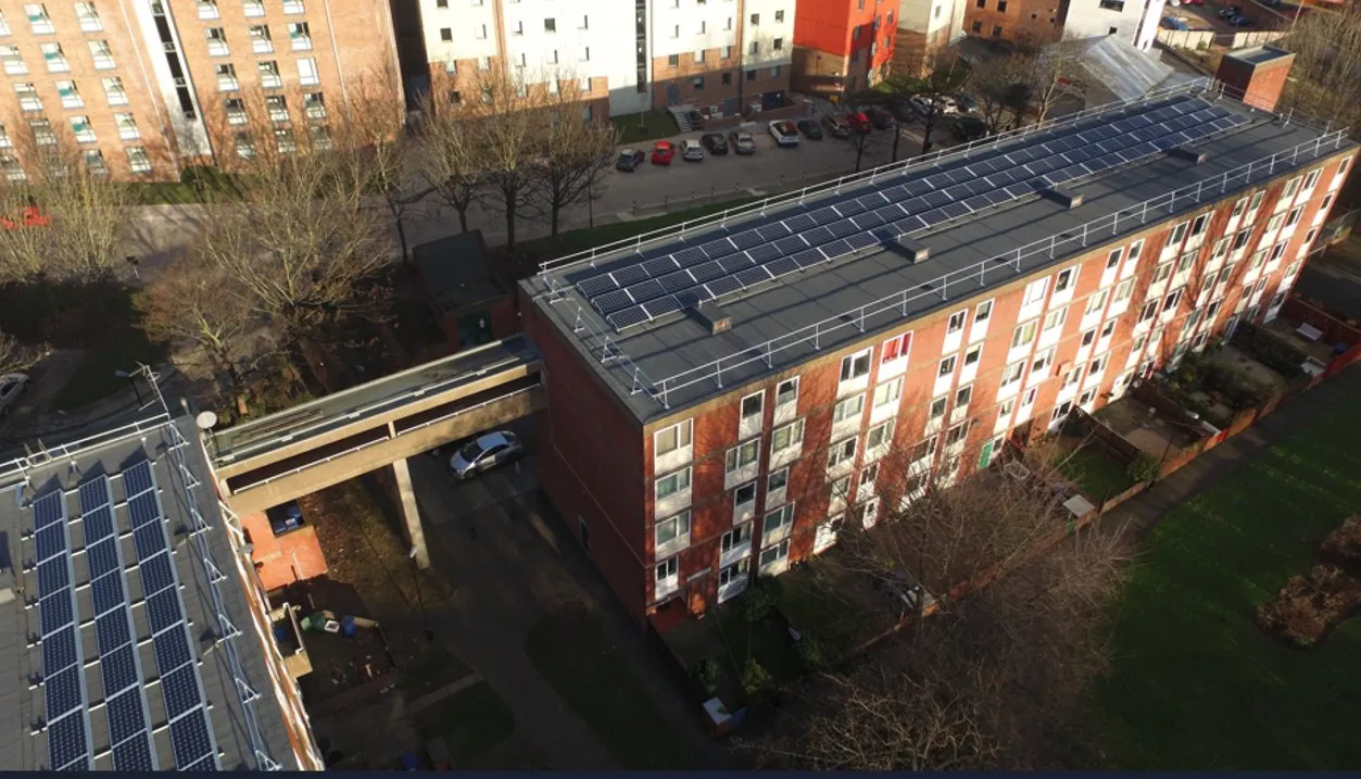 Aerial view of solar panels on Newcastle City Council social housing blocks