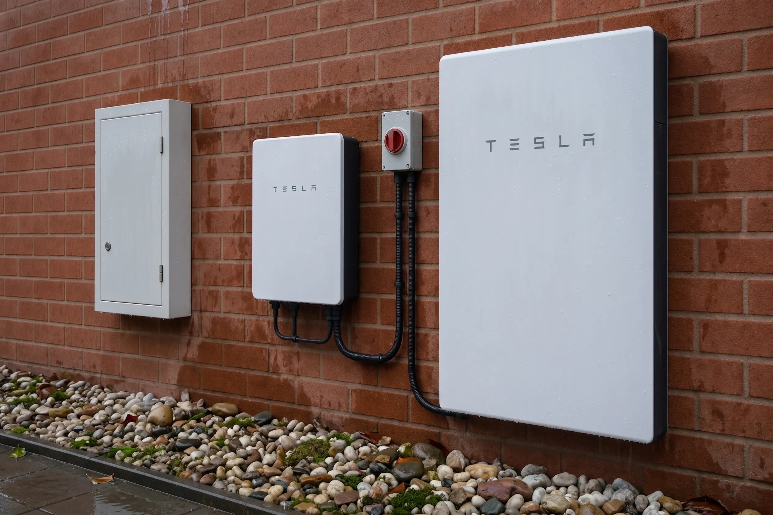 Wall-mounted home battery and inverter installed on the exterior brickwork of a house